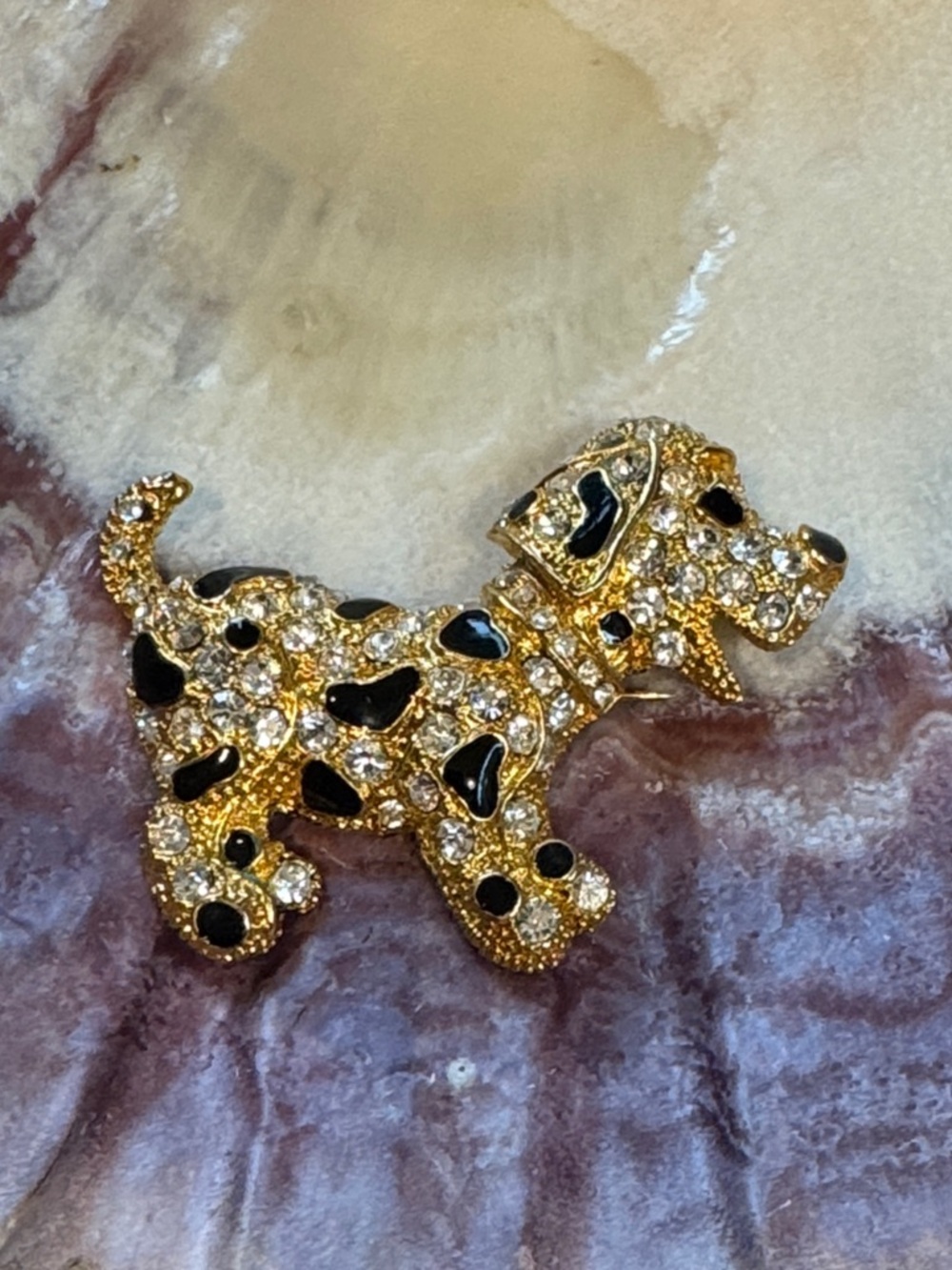 Gold-Tone Dog Brooch with Black Enamel Spots and Clear Crystals